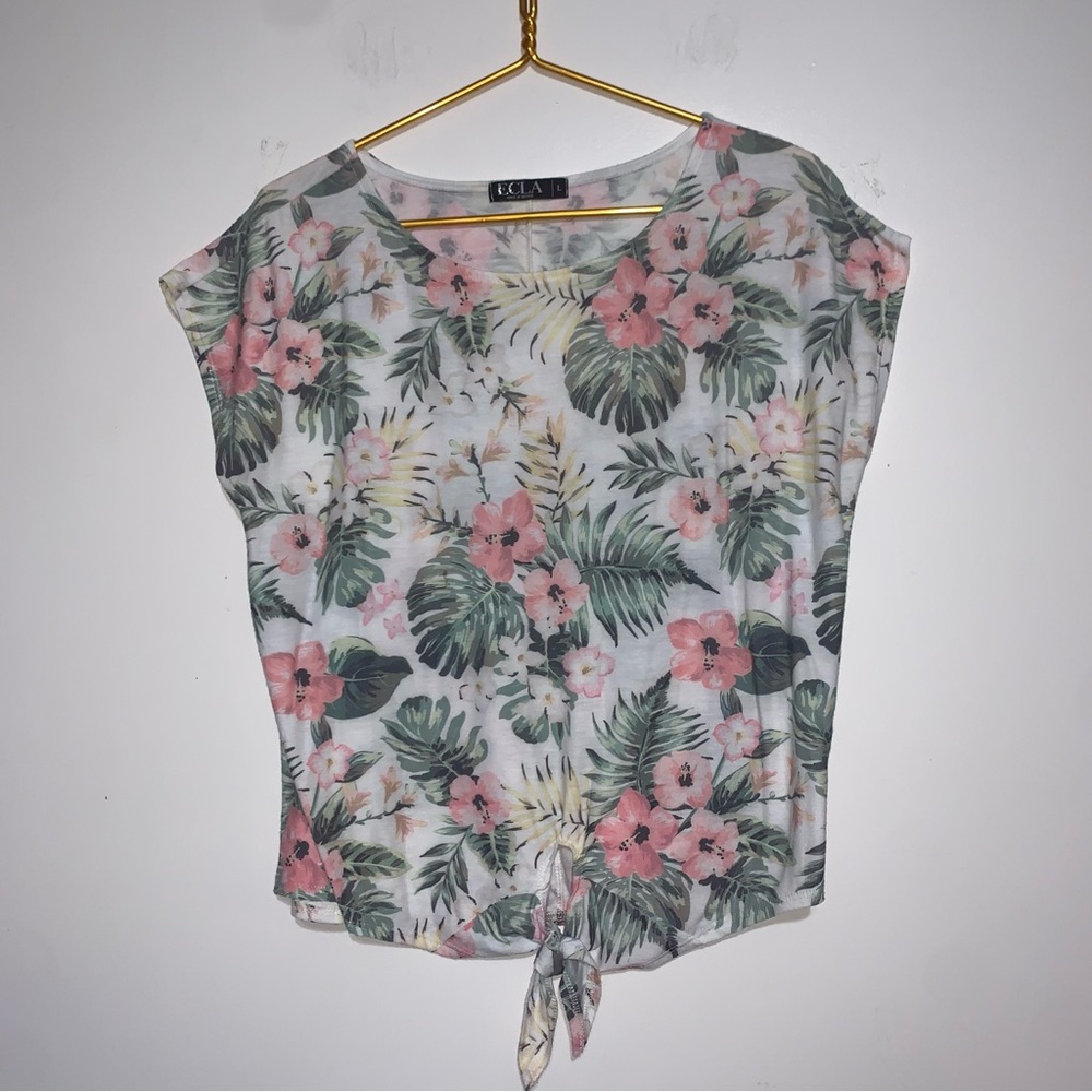 ECLA Tropical Floral Short Sleeve Top - Pink and Green Front Tie Large